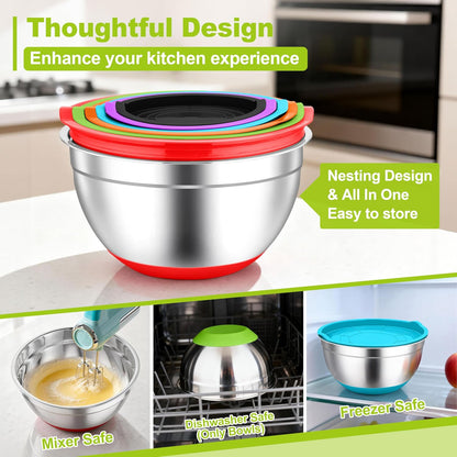TeamFar Mixing Bowls, Stainless Steel Mixing Bowls with Lids, Nesting Salad Bowls with Air-tight Lids & Non-slip Bottom, Dishwasher Safe & Stackable, Set of 6-4.6/2.6/2 / 1.5/1 / 0.7 Qt