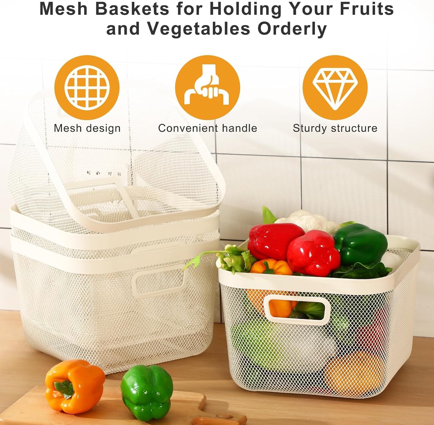 MorningRo 6 Pack Metal Mesh Basket with Hollow Handles Black Wire Storage Bin for Organizing Stackable Metal Fine Mesh Basket for Pantry Bathroom Kitchen Cabinets Shelves (Medium)