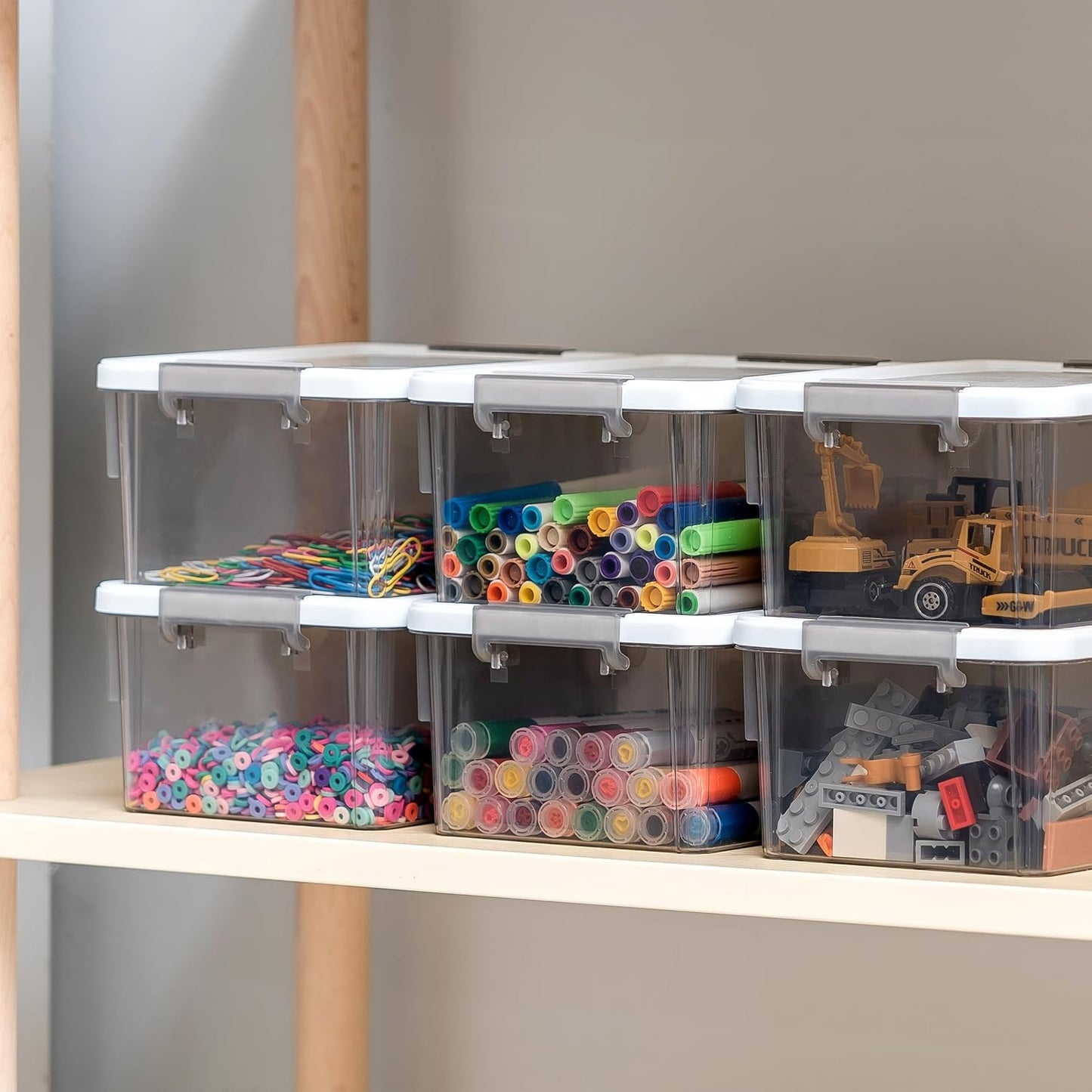 Citylife 7.8 QT 6 Pack Small Storage Bins Plastic Storage Container Stackable Box with Lids for Organizing, Clear White