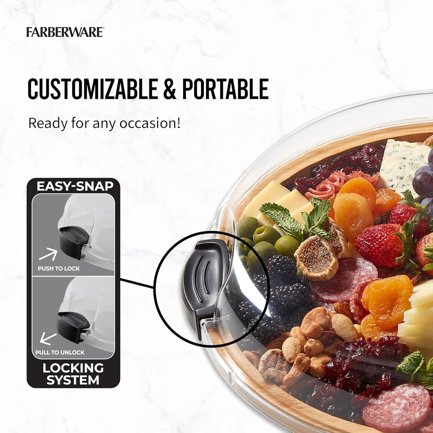 FARBERWARE Build-a-Board Cutting Board with Lazy Susan Turntable, Five Compartments, and Clear Locking Lid for Charcuterie, Snacks, and More, Acacia
