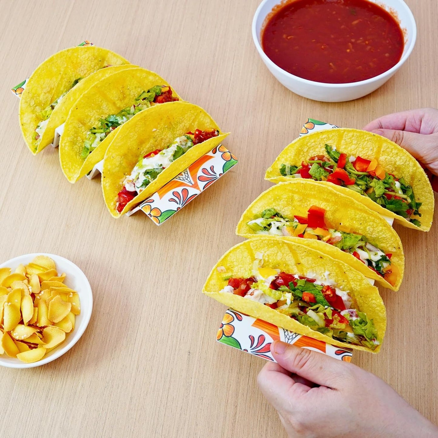 TP Taco Holder Stands, Set of 2 Melamine Large Taco Serving Rack Tray with Handle, Holds 3 Tacos, Dishwasher Safe, Ideal for Taco Night, Party, Home, Fiesta, Talavera Tile