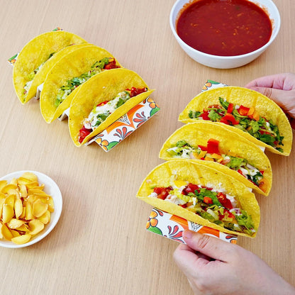 TP Taco Holder Stands, Set of 2 Melamine Large Taco Serving Rack Tray with Handle, Holds 3 Tacos, Dishwasher Safe, Ideal for Taco Night, Party, Home, Fiesta, Talavera Tile
