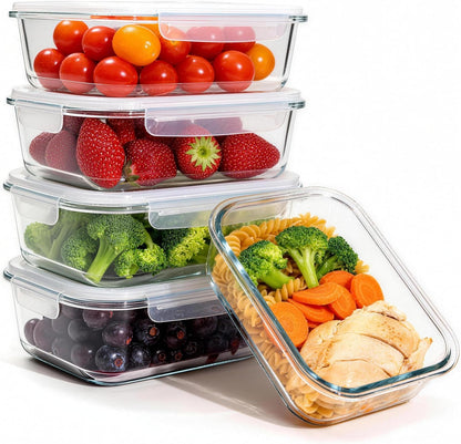 Glass Meal Prep Containers 5 Pack - Lunch Boxes with Leakproof Lids, Food Storage Containers, Bento Boxes, Gray (3 Compartment)