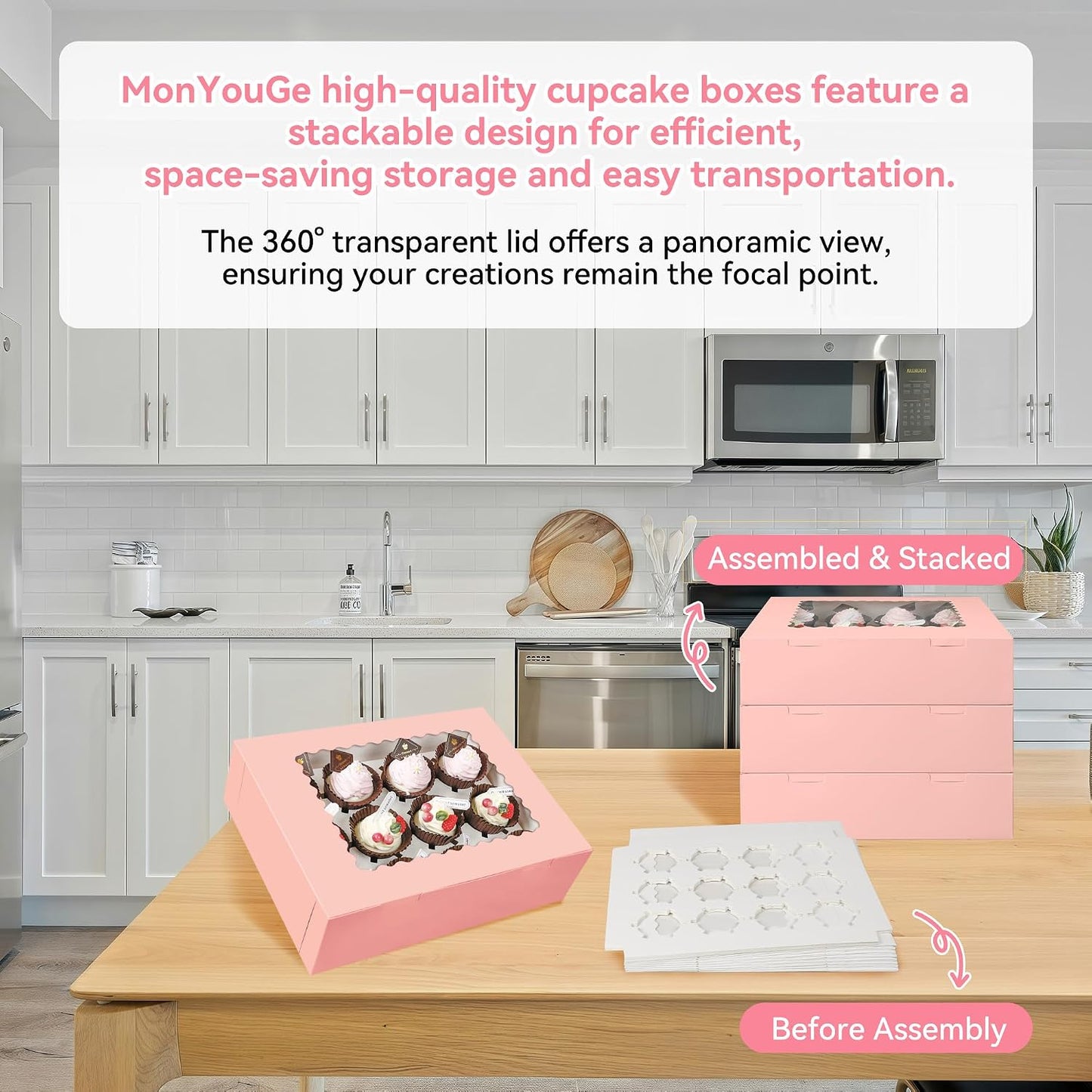 3-Set Cupcake Boxes Bulk with Clear Display Window Hold 12 Standard Cupcakes, Disposable Food Grade White Cupcake Carrier Cupcake Container, Perfect for Cupcakes Muffins Cookies Pastries