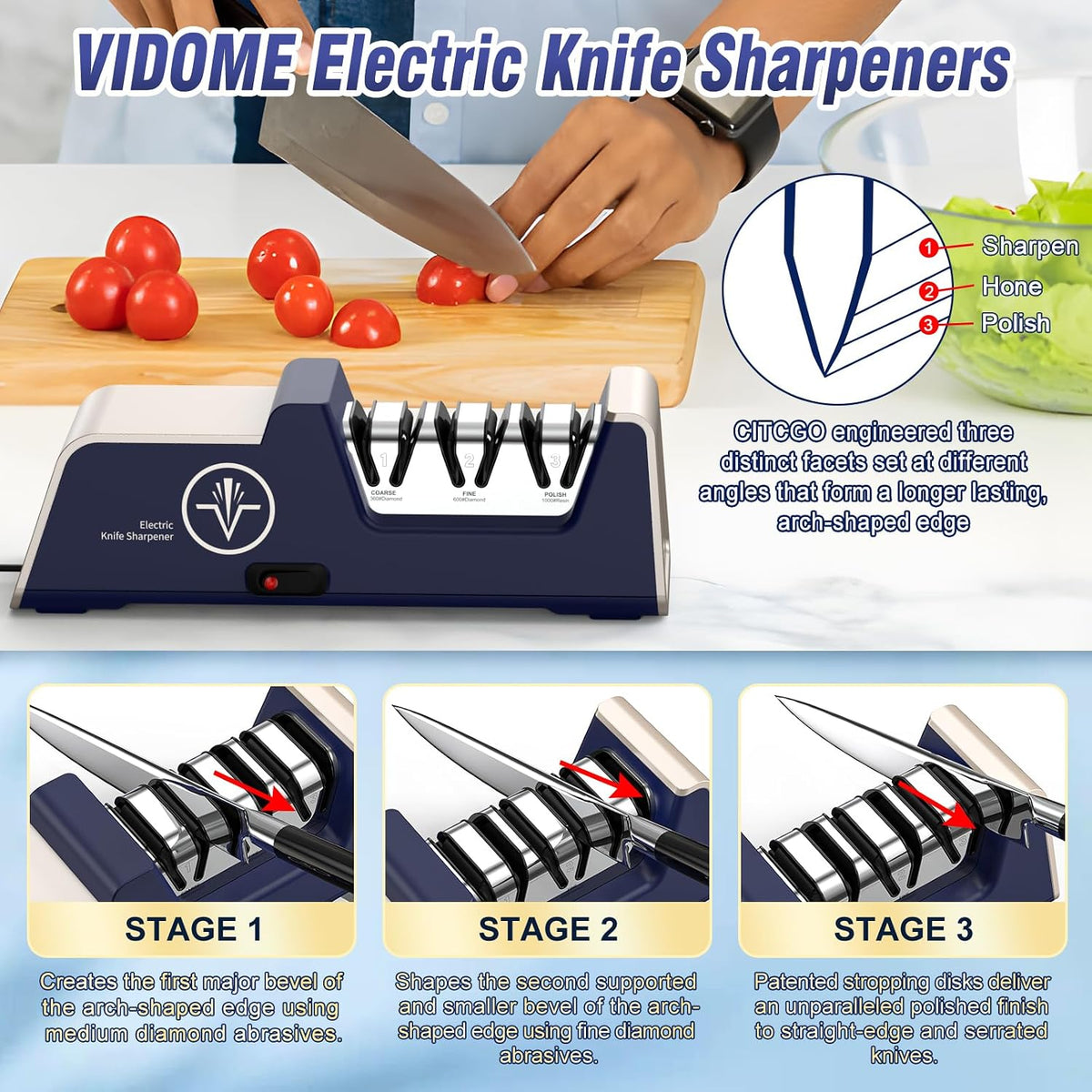 VIDOME Professional 3-Stage Electric Knife Sharpener