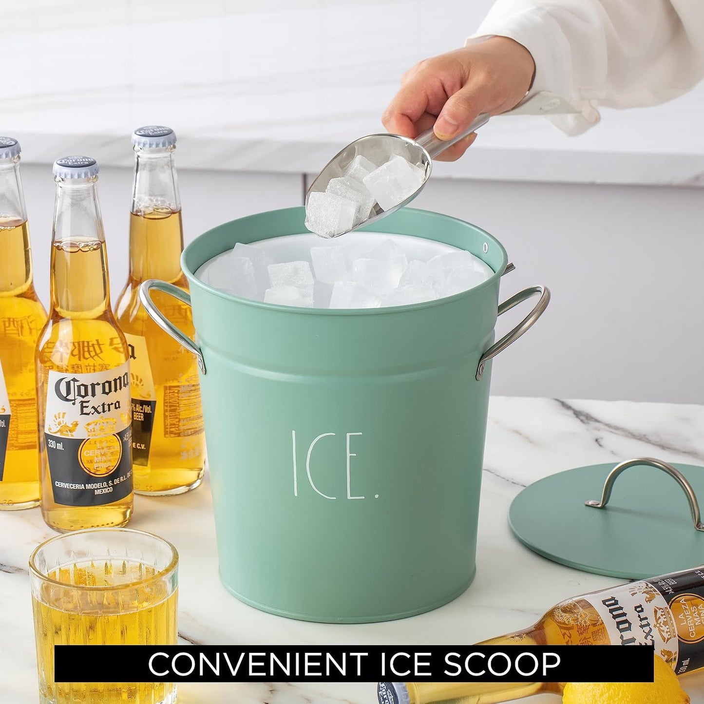 Rae Dunn Ice Bucket with Scoop - Stainless Steel Bucket with Handle, Lid and Ice Scooper - 4 Qt. Storage Bin for Ice Cubes for Bars, Parties, Backyard Barbeques, Picnics, and Camping (Black)