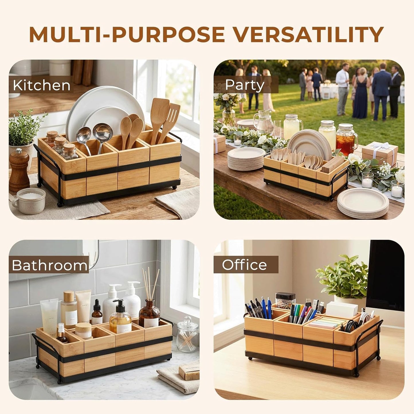 5-in-1 Bamboo Utensil Caddy and Paper Plate Organizer - Wooden Silverware Caddy with Napkin Holder and Portable Handle - Flatware Organizer for Kitchen Countertop, Camper RV, Buffet Party