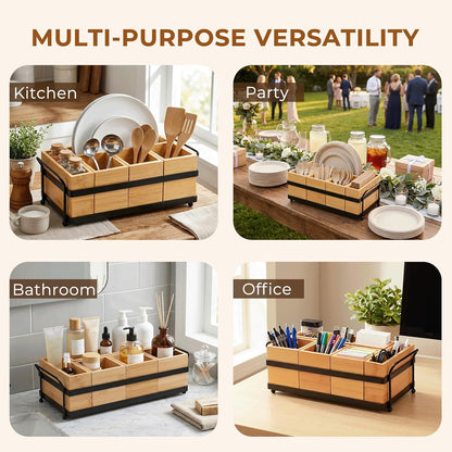 5-in-1 Bamboo Utensil Caddy and Paper Plate Organizer - Wooden Silverware Caddy with Napkin Holder and Portable Handle - Flatware Organizer for Kitchen Countertop, Camper RV, Buffet Party