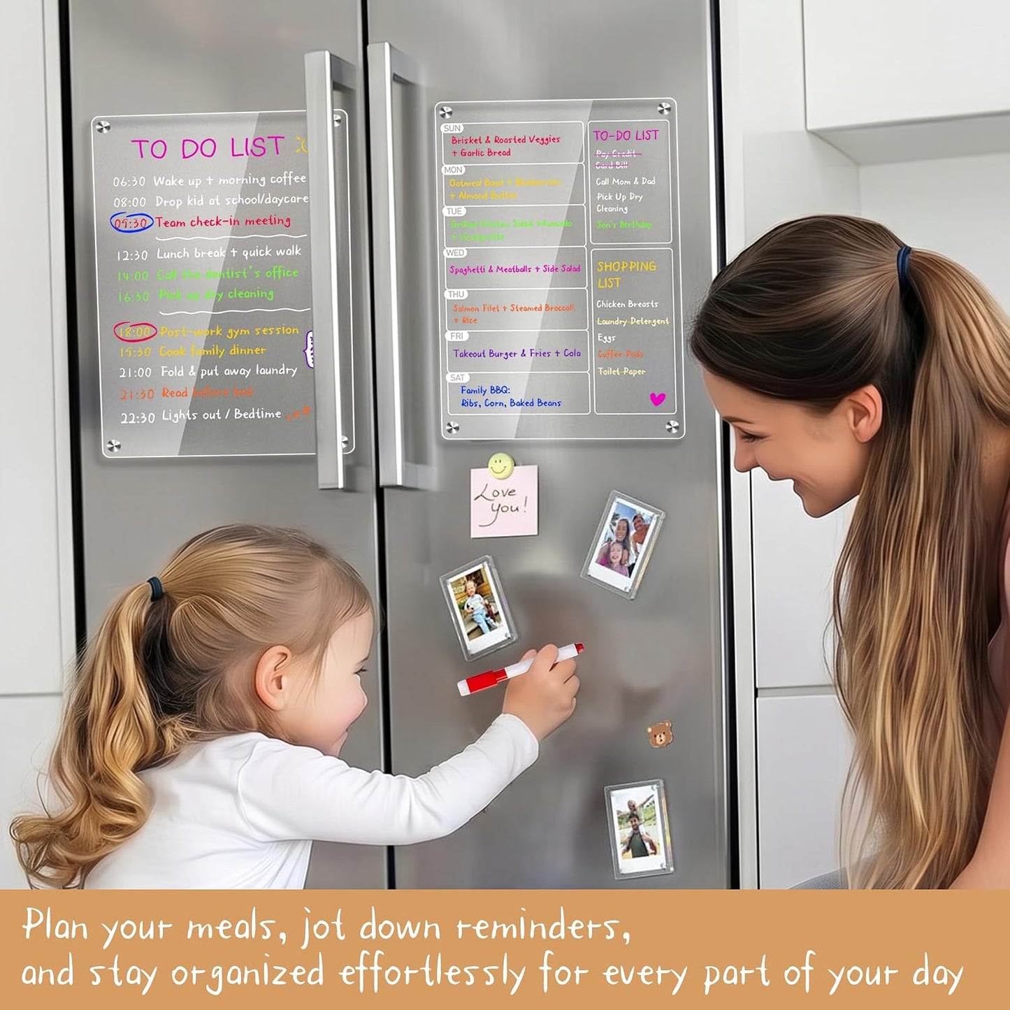 2 Pack Magnetic Meal Planner for Fridge, Acrylic Weekly Planner & Menu Board Set, Clear Fridge Whiteboard Calendar with 8 Markers & 1 Towel, Meal & Grocery Organization for Kitchen