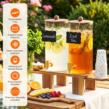 1.5 Gallon Drink Dispenser for Parties (2 Pack) - Glass Beverage Dispenser with Wood Stand, Stainless Steel Spigot & Coasters, Large Beverage Container for Hosting, BBQ, Lemonade, Juice & Iced Tea
