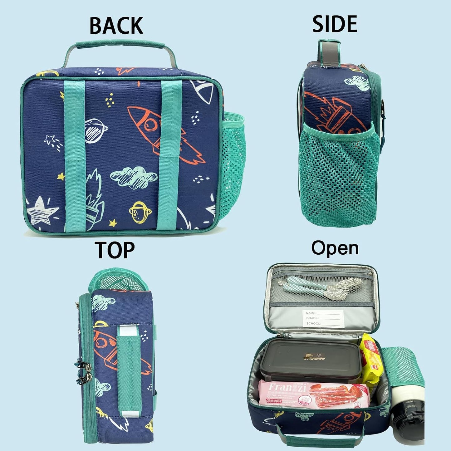 Kulle Space Lunch Box for Kids, Insulated Lunch Bag for Boys, Large Capacity Thermal Tote for School, Office, Daycare - Rocket Design, Washable & Leakproof