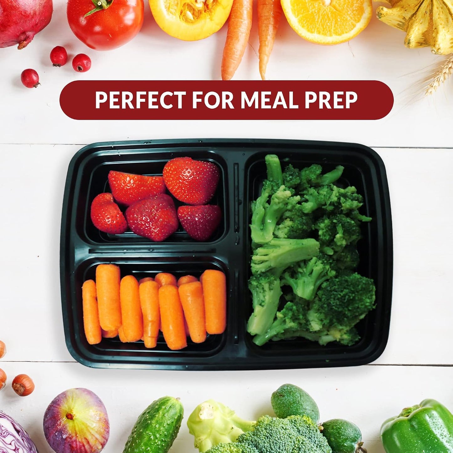 Reli. Meal Prep Containers, 32 oz. | 40 Pack | 3 Compartment Food Container w/Lids | Microwavable Food Storage, To Go | Black Reusable Bento Box/Lunch Box for Meal Prep