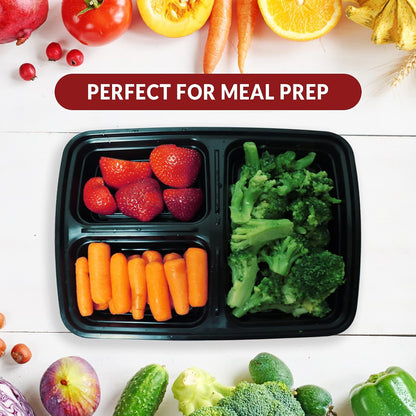 Reli. Meal Prep Containers, 32 oz. | 40 Pack | 3 Compartment Food Container w/Lids | Microwavable Food Storage, To Go | Black Reusable Bento Box/Lunch Box for Meal Prep