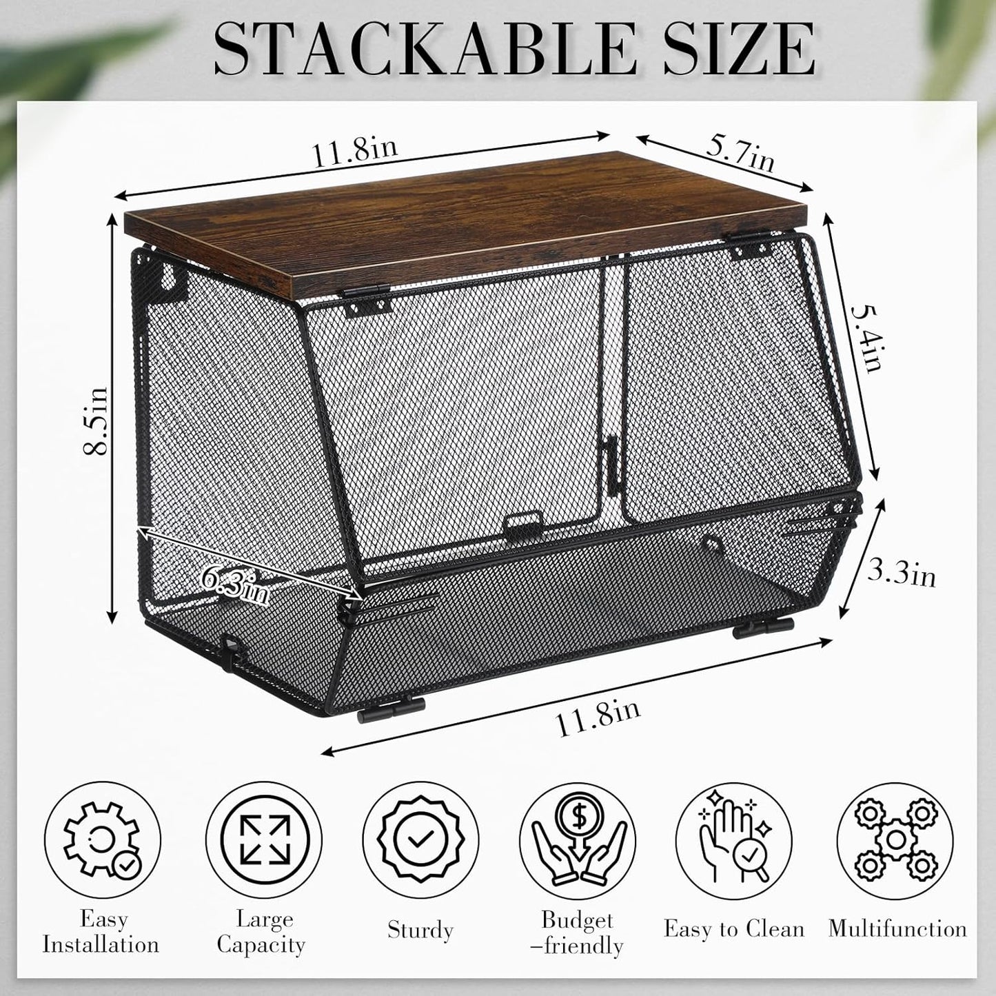 Teenyyou 2 Pcs Stackable Mesh Fruit Basket with Lid Wall Produce Vegetable Storage Basket Onion Potato Hanging Metal Wire Container for Kitchen Counter Pantry(Non-removable,Black,8.3" w & 13.8" l)