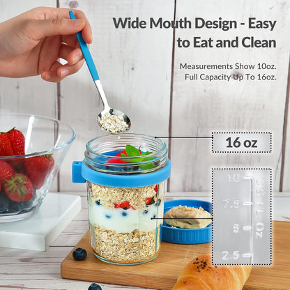4 Pack Overnight Oats Containers with Lids and Spoons - DRKIO 16 Oz Glass Mason Jars for Overnight Oats Leak Proof Oatmeal Container Great for Cereal Fruit Vegetable Milk Salad Yogurt Meal Prep