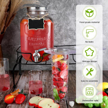 Lallisa 2 Pcs 2 Gallon Glass Drink Dispenser with Stand Ice Cylinder Hanging Chalkboard Signs 18/8 Stainless Steel Spigot Beverage Dispensers for Parties Mason Jar Drink Lemonade (Rose Gold)