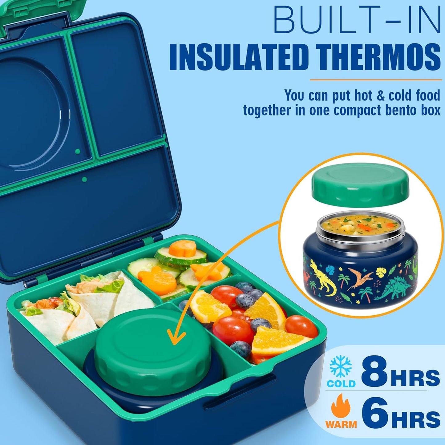 Fimibuke Bento Box for Kids Adult, BPA Free & Leakproof Toddler Lunch Box with 8.5oz Insulated Thermo Food Jar, Utensils & Sauce Jar, Dishwasher Safe 3 or 4 Compartment Container for School Girls Boys