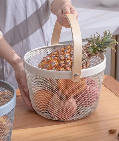 AJIODA Metal Mesh Steel Wire Basket, Round Storage Organizer Basket with Wooden Handle Multi-functional Hanging Kitchen Baskets Fruit Baskets for Kitchen Bathroom Picnic Decor Cabinet Home, White