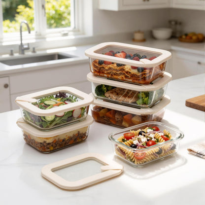 Urban Green Glass Food Storage Containers with Glass Lids, Microwave Safe Food Container Set, Airtight Food Container Set, LeakProof, 100% Plastic Free, White Color, 4pack