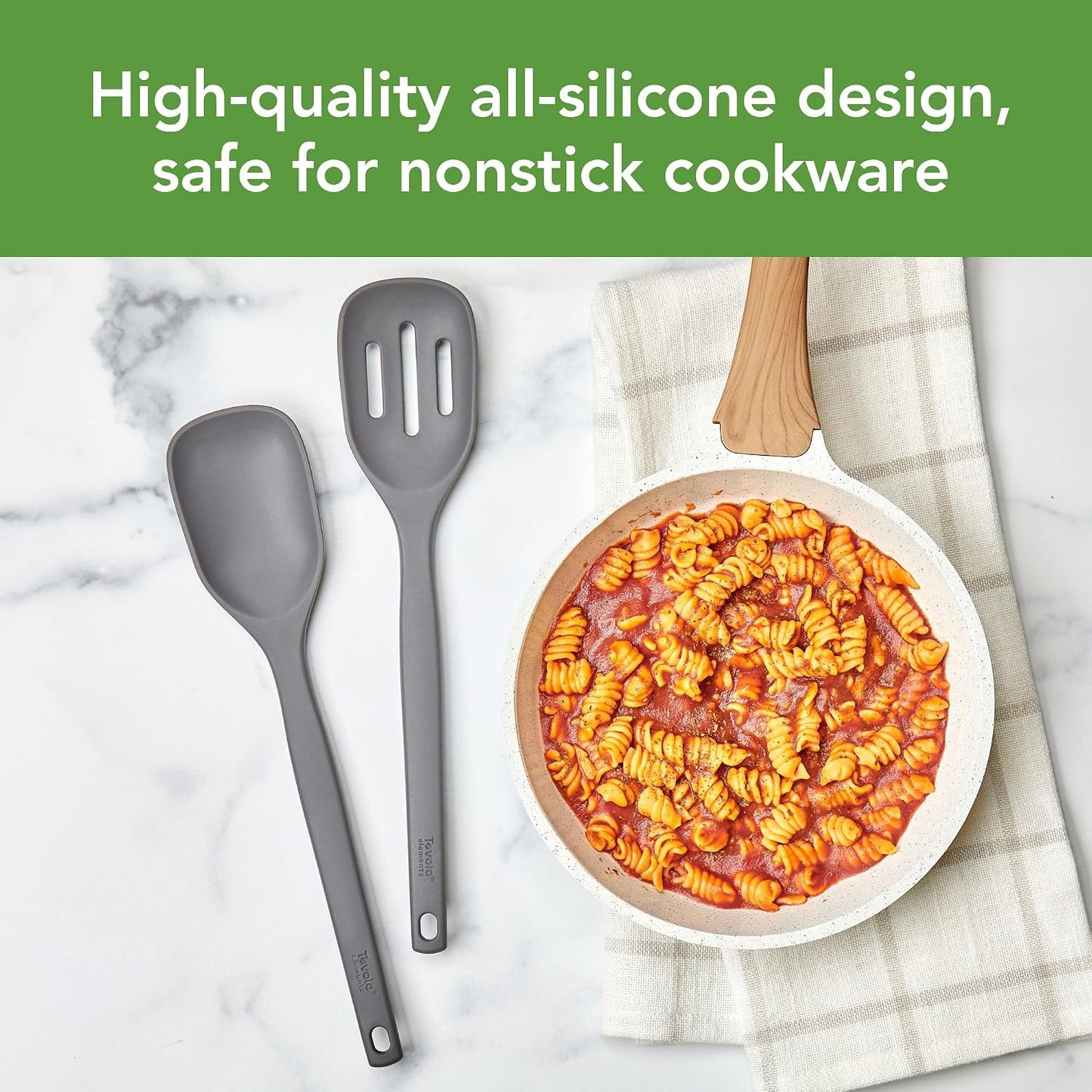Tovolo Elements Silicone Spoon Set of 2 Mixing and Slotted Spoon Bundle for Non Stick Cooking Mixing Serving, Dishwasher Safe Heat Resistant Slotted Spoon and Mixing Serving Spoon, Oatmeal