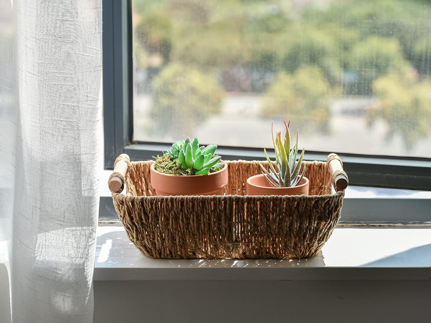 StorageWorks Hand-Woven Storage Baskets with Wooden Handles, Water Hyacinth Wicker Baskets for Organizing, 2 Pack
