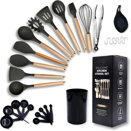 33-Piece Silicone Kitchen Utensil Set with Holder – Heat Resistant up to 446°F, Non-Stick Cooking Tools with Wooden Handles, Measuring Cups, Spatulas, Tongs, Whisk & More