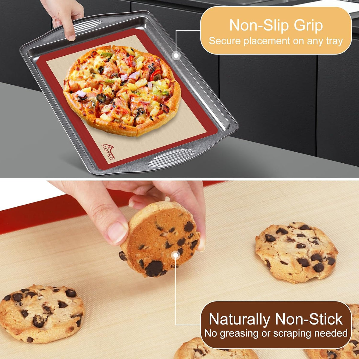 HOTEC Silicone Baking Mats 3 Pack – Non-Stick Reusable Silicone Baking Sheets for Oven – Cookie & Macaron Mats – 2 Half Sheet + 1 Quarter Sheet – BPA-Free, Dishwasher Safe