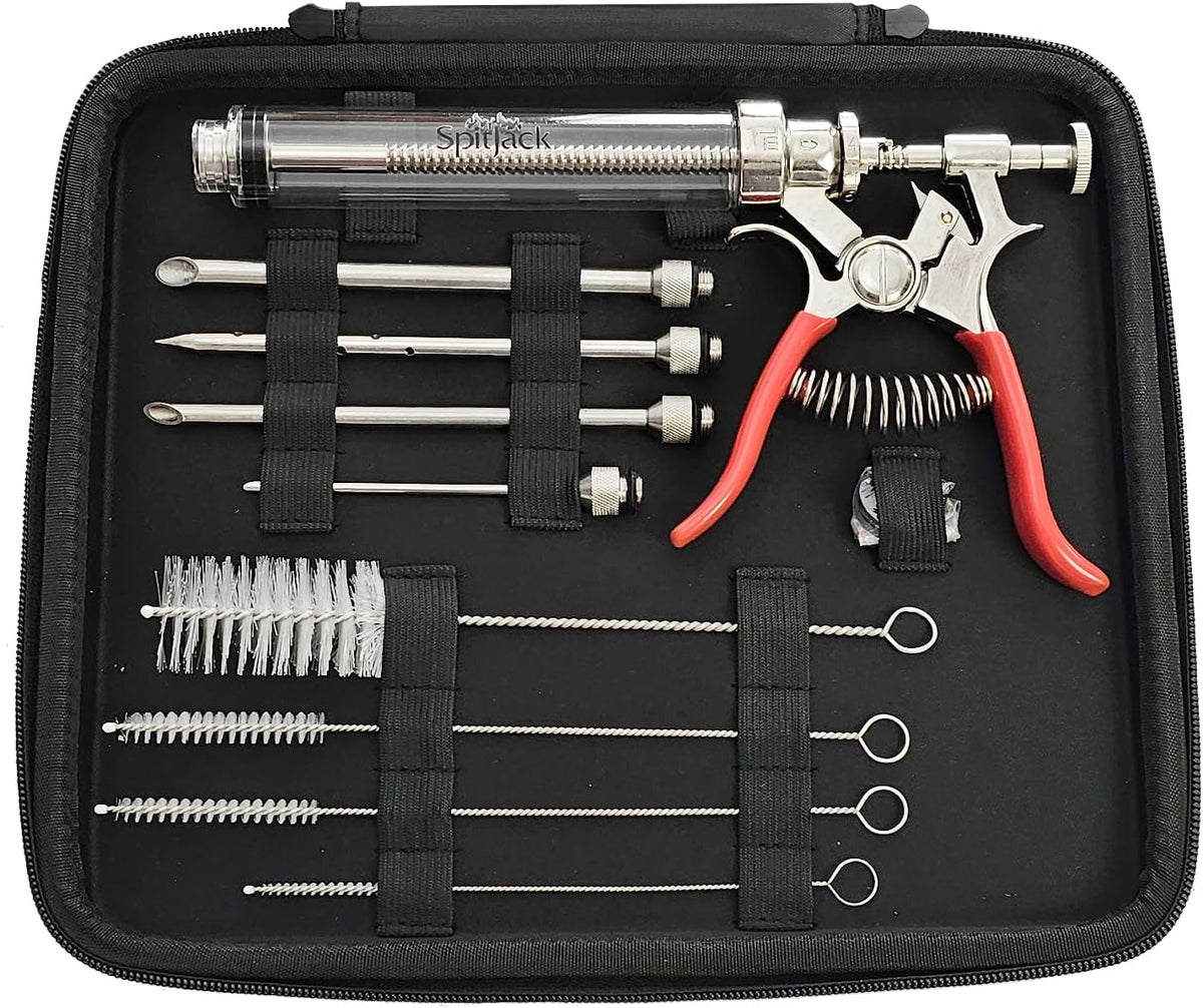 SpitJack PULSE Meat Injector Gun, BBQ Meat Marinade Injector Kit for Brisket, Pork Shoulder, and Chicken, 50ml with 4 Stainless Steel Needles, Case and Guide