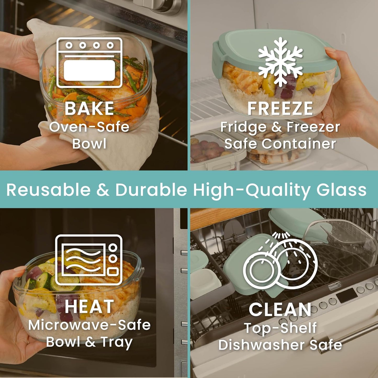 Bentgo Glass Salad Container - 7.6-Cup Salad Bowl with Airtight Lid, Leak-Proof Sauce Container, 4-Compartment Bento Tray & Reusable Fork - BPA-Free for Meal Prep, Office & More (Light Blue)