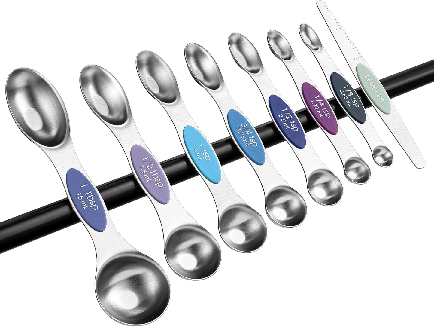 Spring Chef Stainless Steel Magnetic Measuring Spoons Set with Strong N45 Magnets, Heavy Duty Metal Kitchen Gadgets for Baking & Cooking, Fits in Most Kitchen Spice Jars, Set of 8 with Leveler, Black