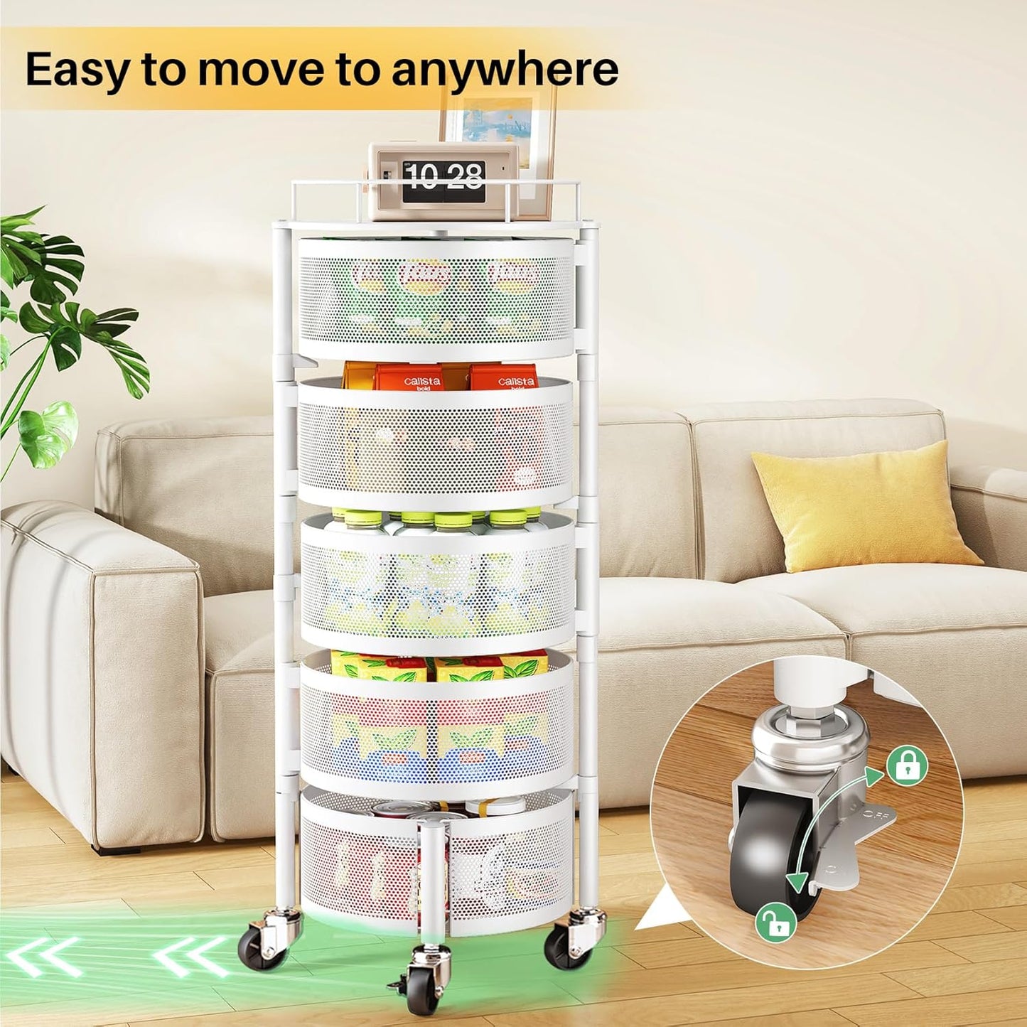 SNTD Fruit and Vegetable Basket Bowls for Kitchen with Metal Top Lid, 5 Tier Rotating Storage Rack Cart for Potato Onion Bread Banana, Wire Basket Organizer on Wheels, Large, Black