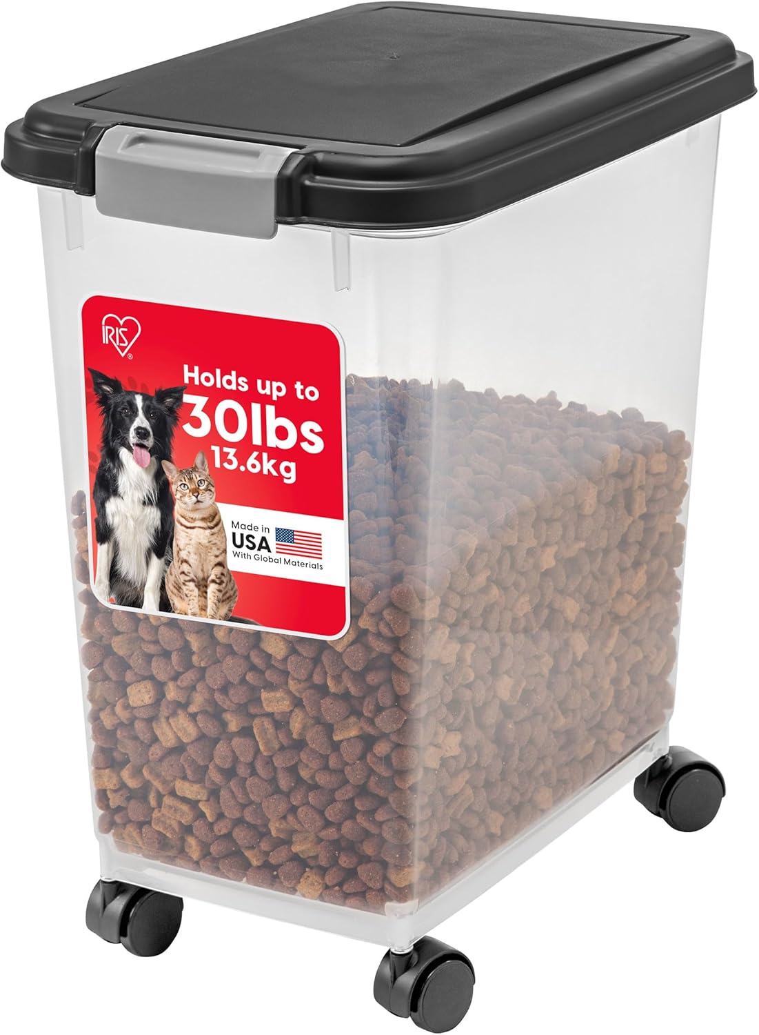 IRIS USA Airtight Dog Food Storage Container, Up to 30 lbs, Attachable Wheels, for Dog Cat Bird and other Pet Food Storage Bin, Keep Fresh, Easy Mobility, BPA Free, Black