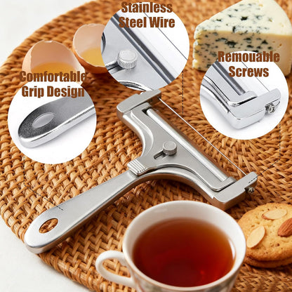 OYEWALLS Adjustable Wire Cheese Slicer for Block Cheese, Handheld Stainless Steel Cheese Cutter with 4 Extra Wires, Premium Rolling Cheese Wire Slicer for Mozzarella, Cheddar, Gruyere