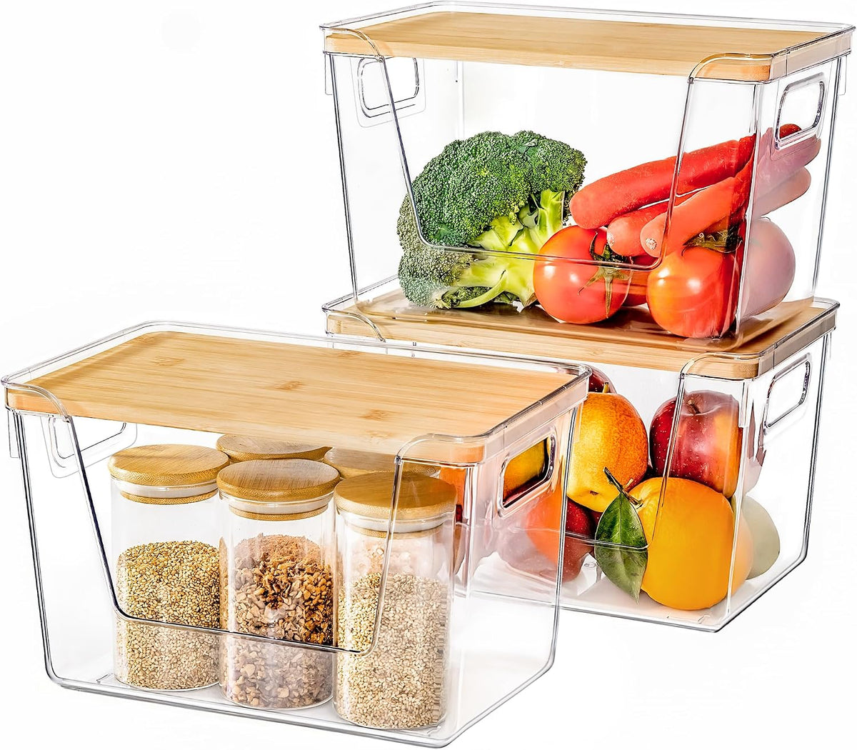 Criusia 2 Set Pantry Organizers and Storage with Bamboo Lids, Stackable Clear Bins for Onion, Potato, Fruit, Vegetables, Trash Bag Dispenser, Kitchen and Under Sink Organizer