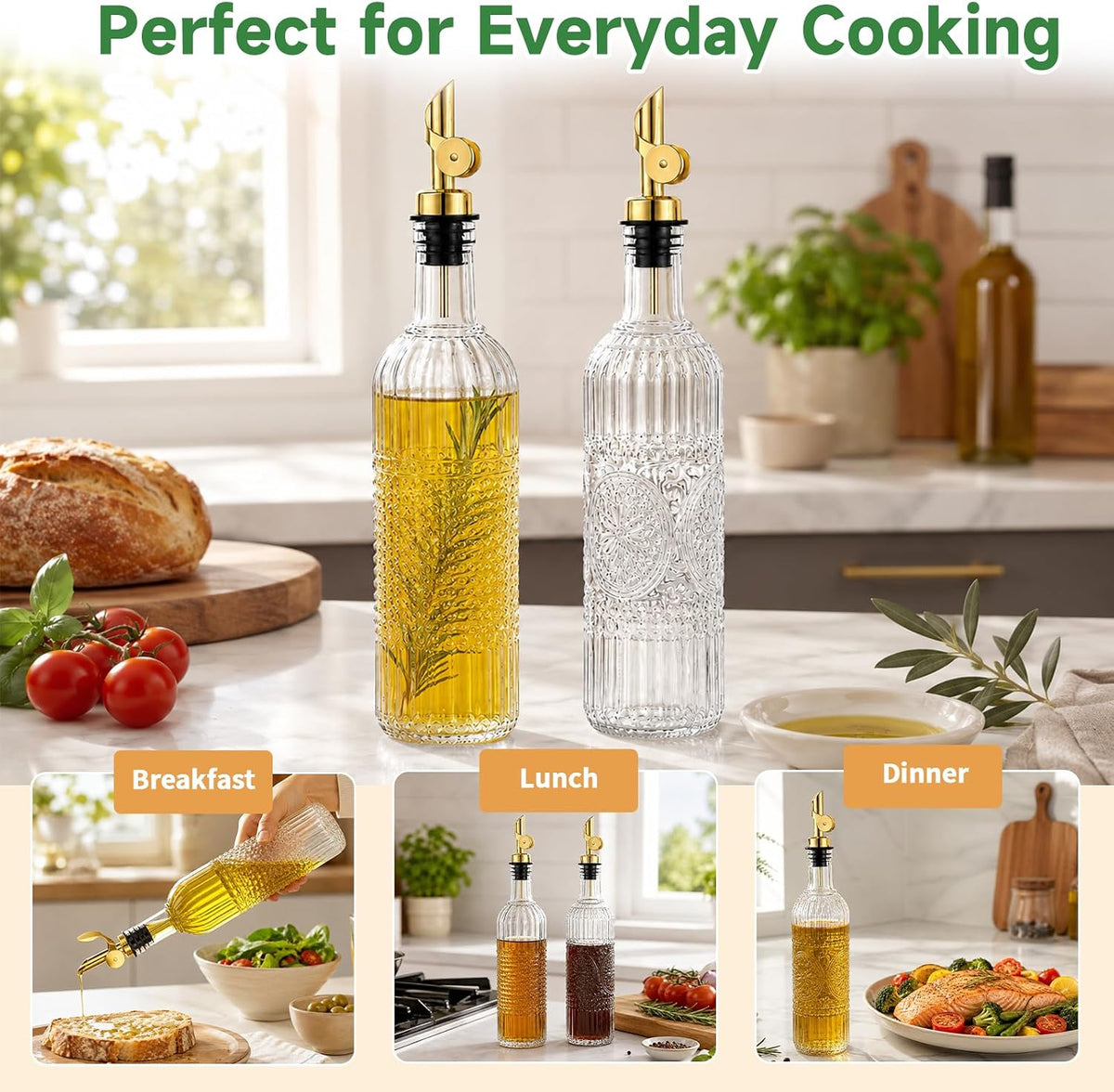 Olive Oil Dispenser Bottle, 2 Pack 17 oz Glass Oil and Vinegar Dispenser with 2 Gold Gravity Auto Flip Spouts, Metal Stand and Funnel, Decorative Polka Dot & Sunflower Design for Kitchen