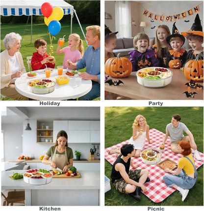Rotating Divided Serving Tray with Lid and Handle,6 Compartments Snackle Box Container,12" Large Snack Spinner Lazy Susan,Fruit Veggie Tray Portable Round Snack Box Candy Fridge Organizer Platterbox