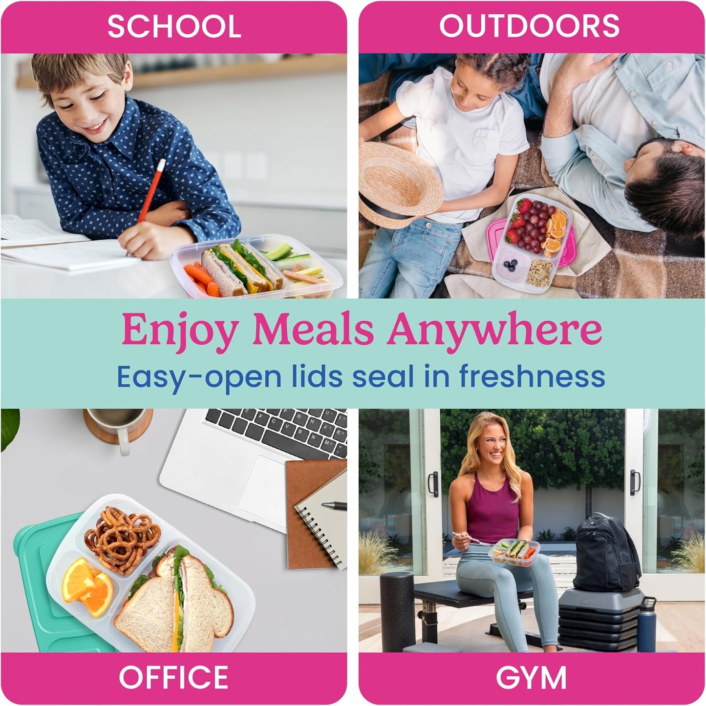 Bentgo Easyboxes - Original Stackable Lunch Boxes - Reusable 3-Compartment Food Containers for Kids and Adults - Bento Lunch Box for Meal Prep, School, & Work - BPA Free, Set of 4 (Earth Tones)