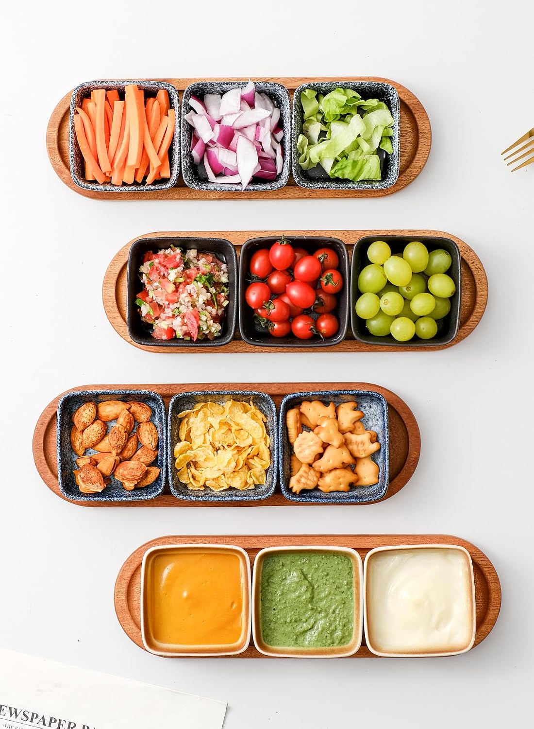 Chip and Dip Serving Set, Ceramic Dipping Sauce Bowls with Wooden Tray, 3.5 inch Side Dishes Set of 3 for Entertaining, Party, Buffets, Appetizers, Snacks and Sushi, Blue