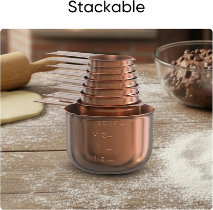 Color Up Measuring Cup Set, 8 Piece, Copper and Chrome Finish, Stainless Steel, Accurate for Wet & Dry Ingredients, Embossed Markings, Easy Pour Spouts, Dishwasher Safe, Kitchen Essential (Stainless)