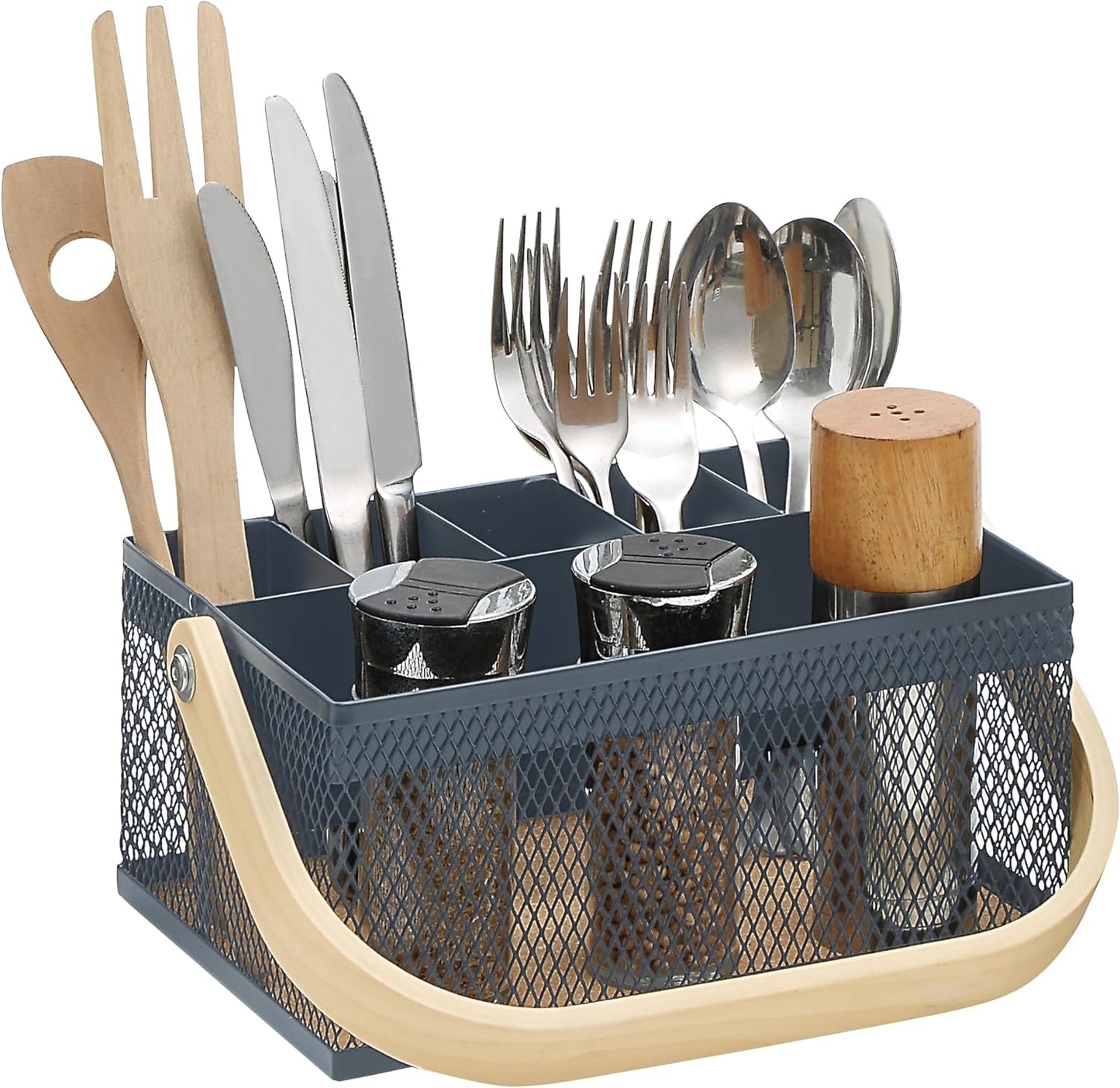 SunnyPoint Utensil Caddy with Plywood Handle – Metal Mesh Silverware & Cutlery Organizer for Kitchen, Picnic, Party, Restaurant & Events (BLUE)