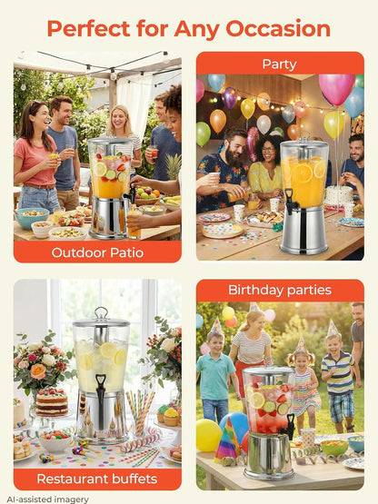 Beverage Dispenser With Stand, Stainless Steel Drink Dispenser for Parties, 2 Gallons drink dispenser with Ice Core & Spigot, Clear Acrylic Water Juice Jug for Home, Buffet, Weddings & Outdoor Events