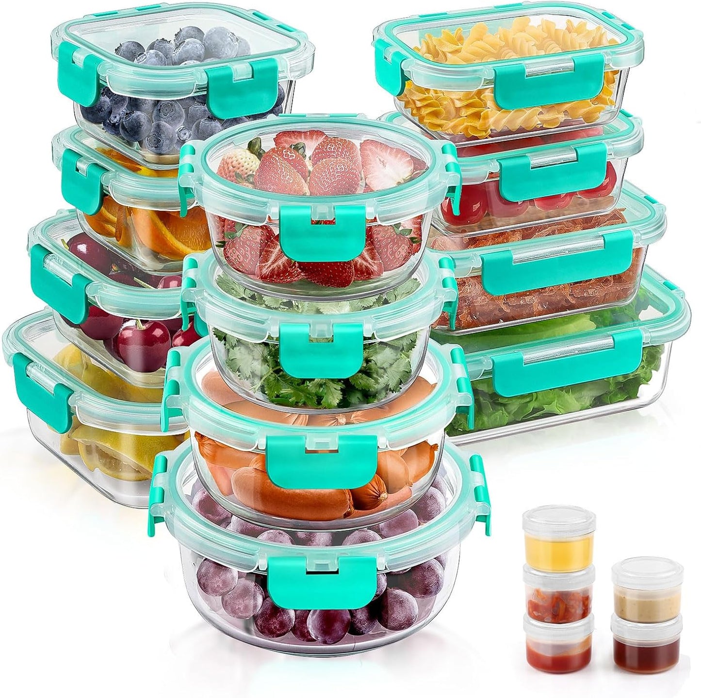 34pcs Glass Food Storage Containers with Lids Set, Airtight Glass Meal Prep Containers (17 Containers & 17 Lids), Leak Proof Lunch Container BPA-Free, Microwave, Oven, Freezer, Dishwasher Safe-Blue