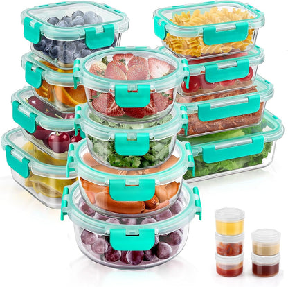 34pcs Glass Food Storage Containers with Lids Set, Airtight Glass Meal Prep Containers (17 Containers & 17 Lids), Leak Proof Lunch Container BPA-Free, Microwave, Oven, Freezer, Dishwasher Safe-Blue
