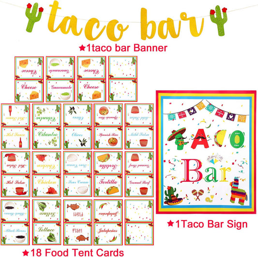 Boao 28 Pieces Taco Bar Decoration Kit Taco Bar Banner Sign Mexican Theme Party Decor 20 Pieces Colorful Table Tent Cards 6 Pieces Fiesta Honeycomb Table Centerpiece for Cinco De Mayo Supplies