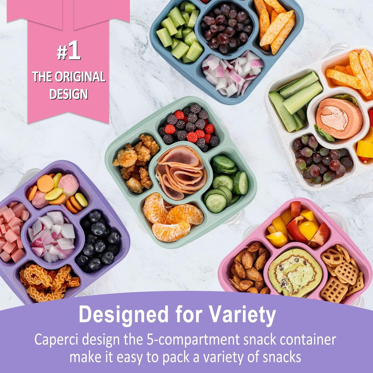 Caperci 5-Pack Lunchable Container Set for Kids & Adults - Reusable Bento Snack Box Containers with 5-Compartment for Food Storage & Meal Prep, Wheat Straw, BPA-Free (Dark & Clear Lids)