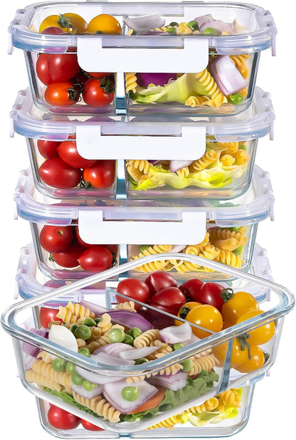 MFY 5-Pack 36 OZ Glass Storage Containers with Lids - 2 Compartment Meal Prep Set, Airtight Glass Lunch Containers, Microwave, Oven, Freezer & Dishwasher Safe, Gray