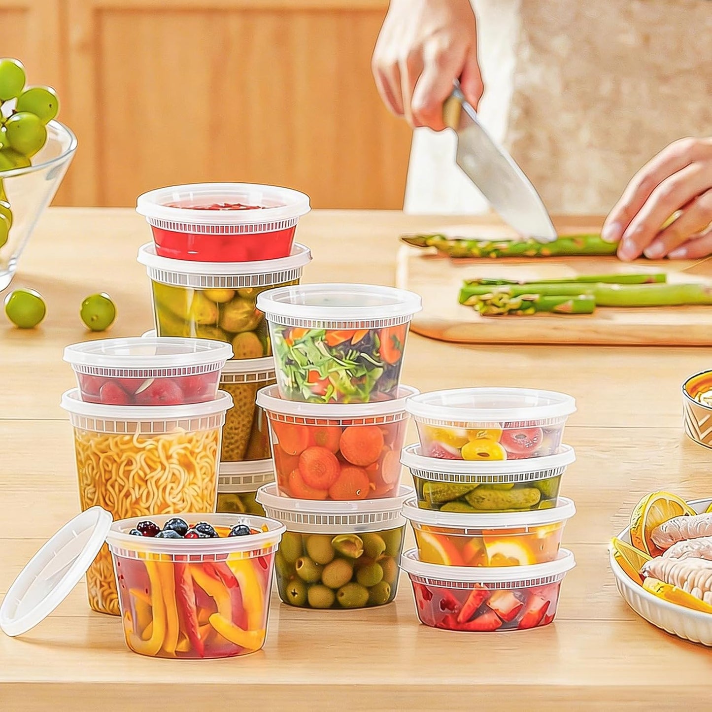 BYSNOW 60 Sets Deli Containers with Lids, 32/16/8 oz X 20 Set Each, Leak-Proof & BPA Free Airtight Stackable Takeout Plastic Food Storage Containers, Freezer/Microwave/Dishwasher Safe
