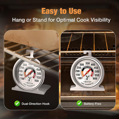 2-Pack Oven Thermometer, Upgraded 100-600°F No-Holes Non-Discoloring Easy-to-Clean for Healthier Cooking, Easy-to-Read with Large Bright Numbers for Gas & Electric Ovens, Grills, and Smokers