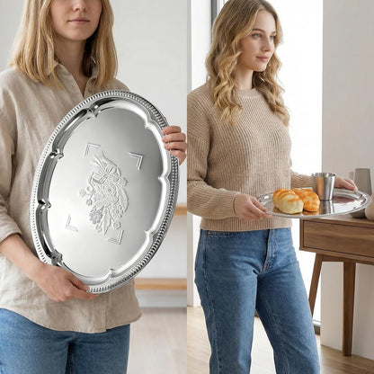 4 Pcs Large Silver Serving Trays, 15.7" x 11.8" Stainless Steel Rectangle Serving Tray, Decorative Silver Plates, Floral Engraved Tray, Metal Sizzler Plates for Coffee Table, Bar, Party, Club, Home