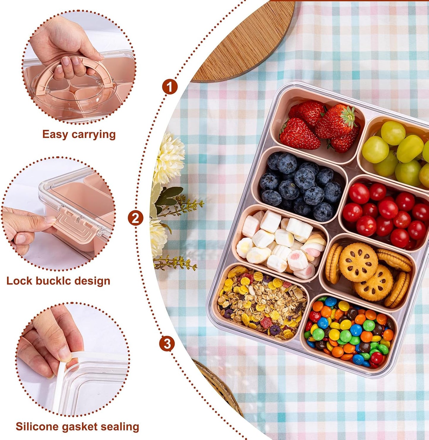 U-QE Dishwasher Safe Snackle Box Container with 8 Small Snacks Box - Premium Ivory Plastic Divided Serving Tray with Lid and Handle for Snack, Veggie, Fruits, Perfect for Party, Picnic, Entertaining